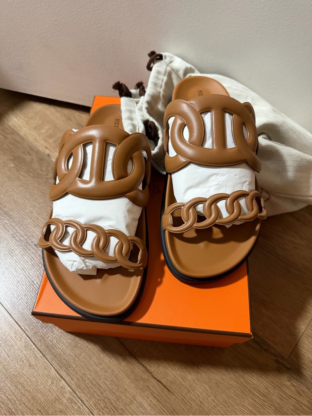 Hermes Tan Leather Chain Sandals